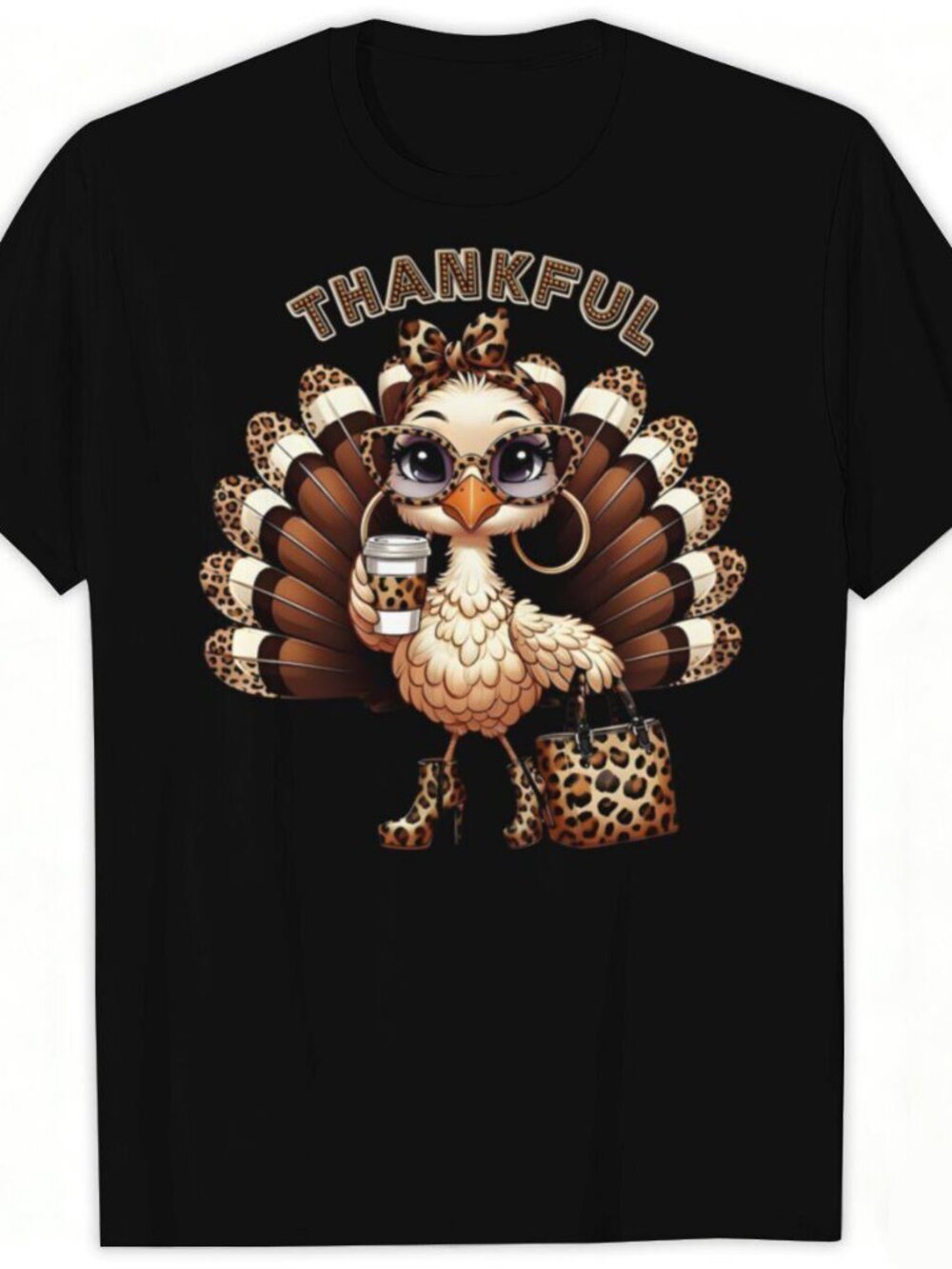 Thankful Leopard Turkey Graphic Tee – Cute Fall Thanksgiving Coffee Purse Girly